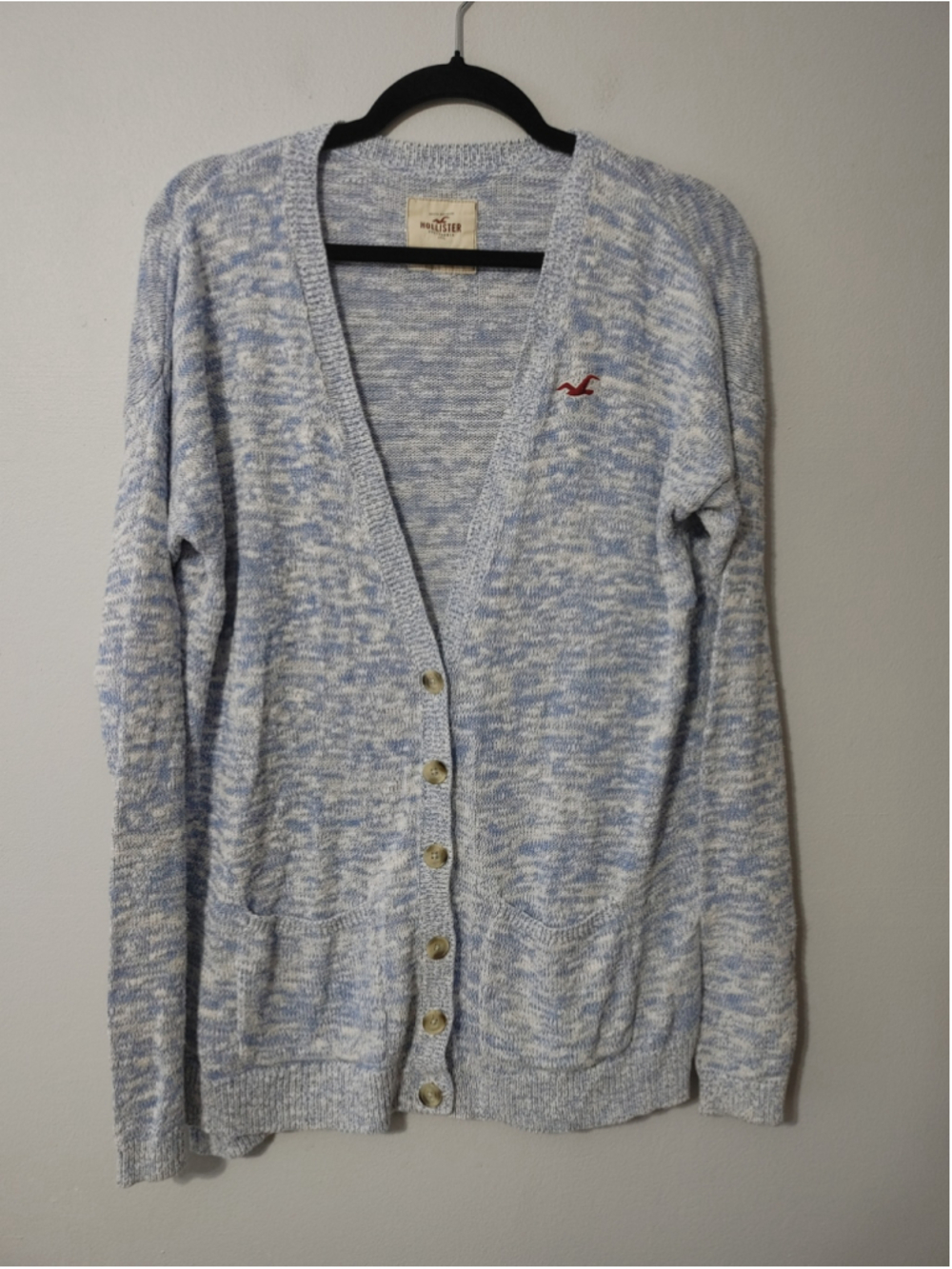 Women's Hollister Cardigan Varsity Sweater Size L Blue White Knit Button Down